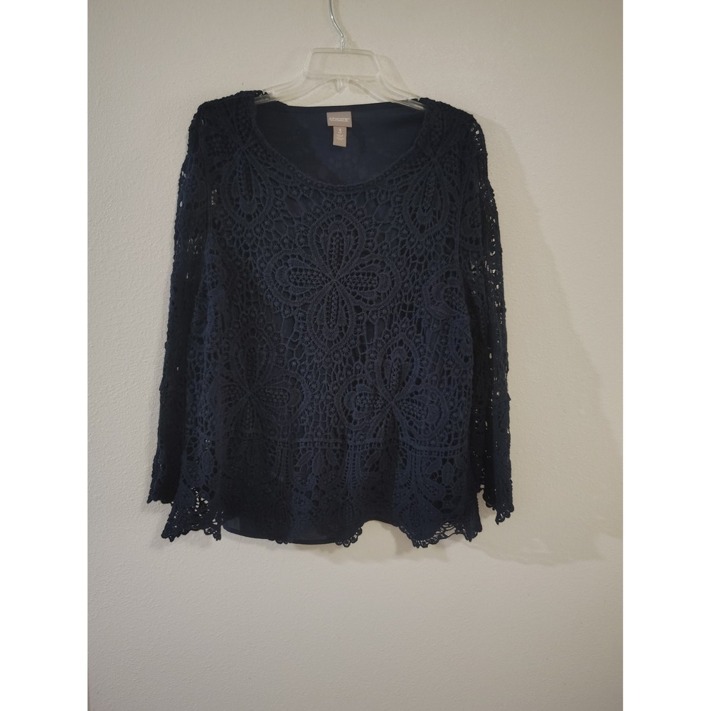 Chico's Navy Blue Crochet Lace Lined Blouse Floral Medallion Top Size‎ 3 XL